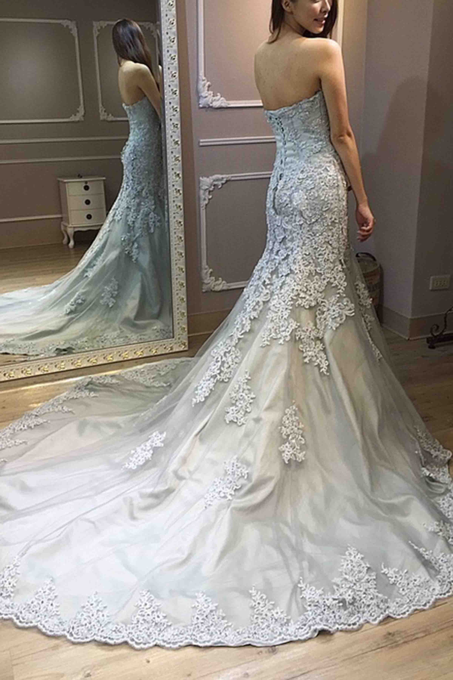 Grey Strapless Mermaid Tulle Appliques Long Prom Dress,DP930
