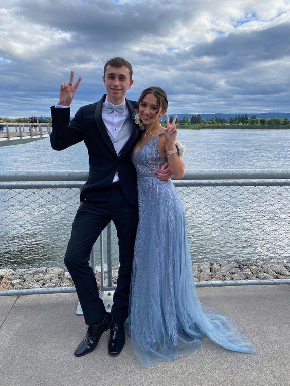 Glänzend Blau V-Ausschnitt Langes Ballkleid Partykleid,DP936