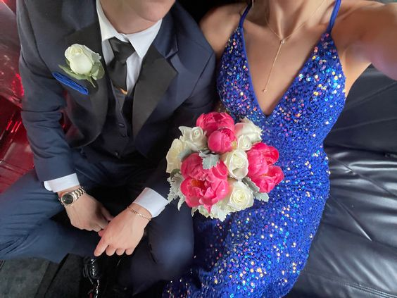 Robe de bal sirène dos nu bleu roi à paillettes, DP939