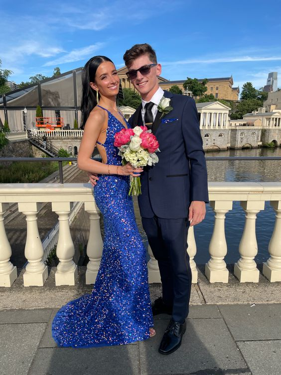 Robe de bal sirène dos nu bleu roi à paillettes, DP939