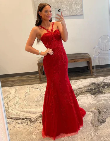Charmante robe de bal longue rouge sirène dos nu en tulle, DP956