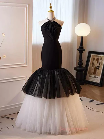 Schwarz-weißes Neckholder-Meerjungfrauen-Tüll-Ballkleid, DP957