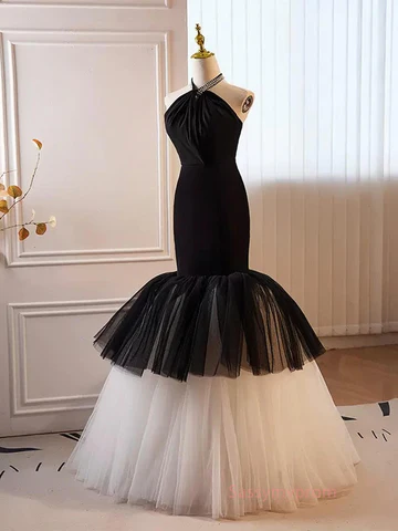 Schwarz-weißes Neckholder-Meerjungfrauen-Tüll-Ballkleid, DP957