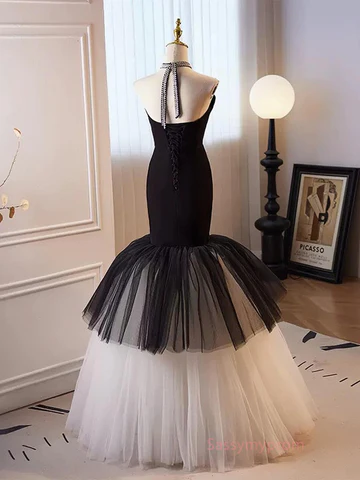 Schwarz-weißes Neckholder-Meerjungfrauen-Tüll-Ballkleid, DP957