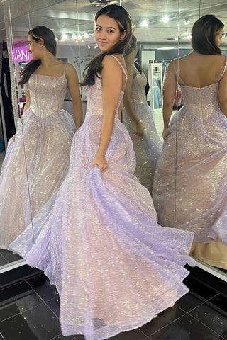 Robe de bal trapèze à bretelles spaghetti brillantes et scintillantes, DP959