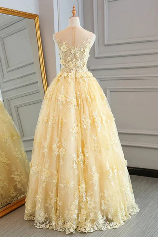 Yellow Sheer A-Line Appliques Tulle Long Prom Dress,DP960
