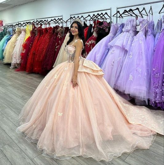 Robe de soirée en tulle rose à perles et papillons, DP968