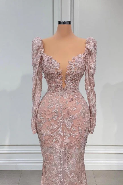 Superbe robe de soirée sirène rose à manches longues et perles appliquées, DP976