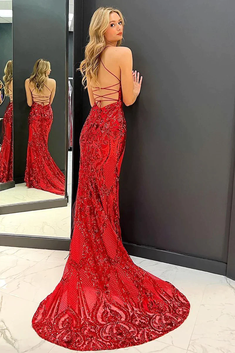 Charmante robe de soirée sirène rouge à paillettes, dos nu, longue, DP992