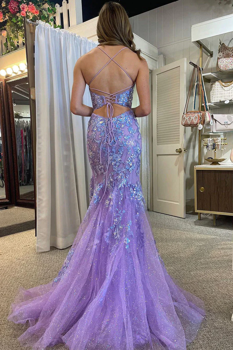 Lila glänzendes rückenfreies langes Ballkleid mit Tüllapplikationen und Schlitz, DP993