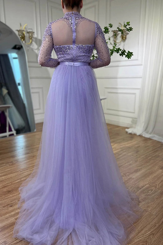 Robe de soirée élégante en tulle, manches longues, col haut, perles, lilas, DP995