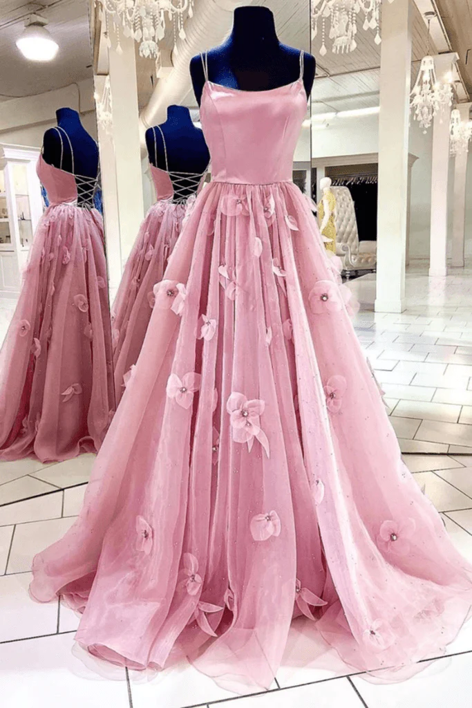 Pink A-Line Floral Tulle Long Prom Dress,DP998