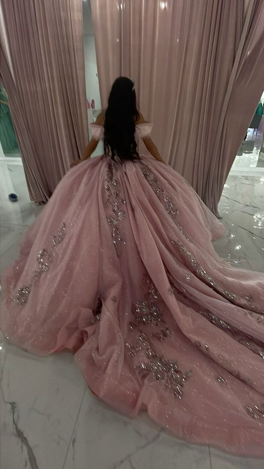 Glänzend rosa schulterfreies A-Linien-Tüll-Quinceanera-Kleid Geburtstagskleid DP3957