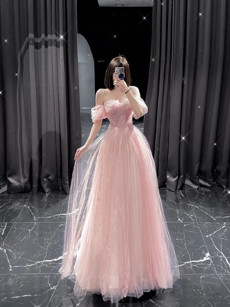 Rosa schulterfreies A-Linien-Tüll-Ballkleid, langes Abendkleid, DP3965