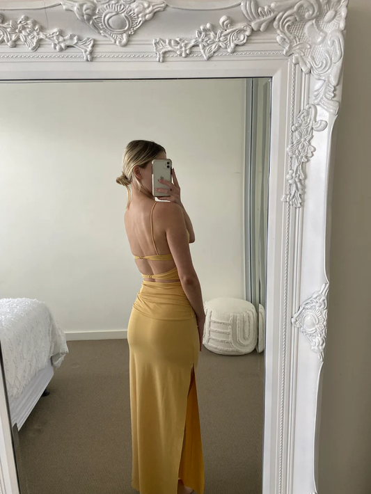 Spaghettiträger Rückenfreies Schlichtes Elegantes Partykleid mit Schlitz, DP2425