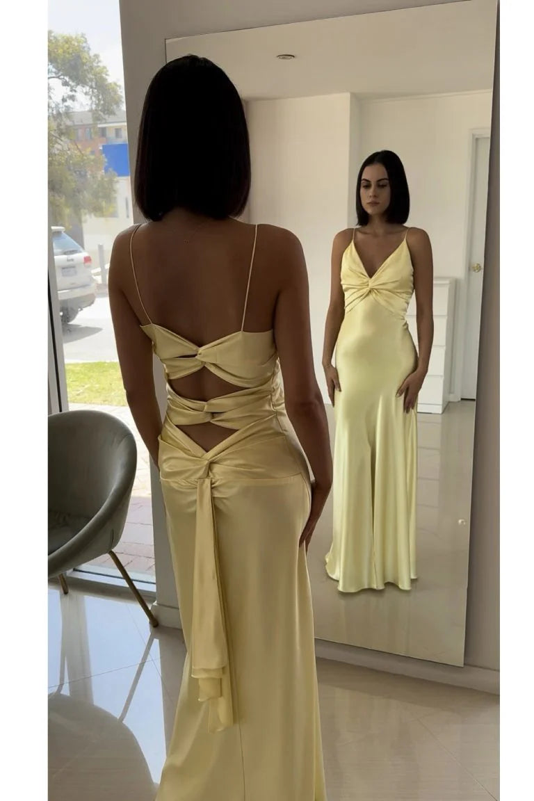 Vintage Gelb V-Ausschnitt Meerjungfrau Satin Spaghettiträger Partykleid Abendkleid Brautjungfernkleid DP6304