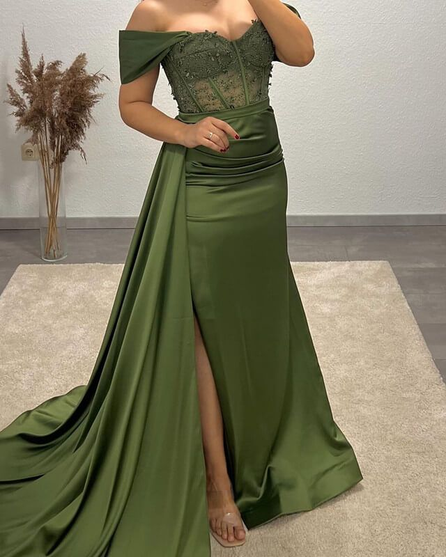 Olivgrünes Meerjungfrau-Abendkleid mit Satin-Applikation, DP0100