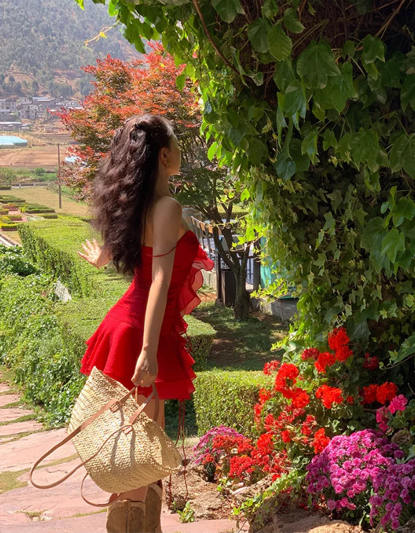 Süßes rotes Herzausschnitt Spaghettiträger kurzes A-Linie Chiffon Partykleid Cocktailkleid Homecoming Kleid DP6494