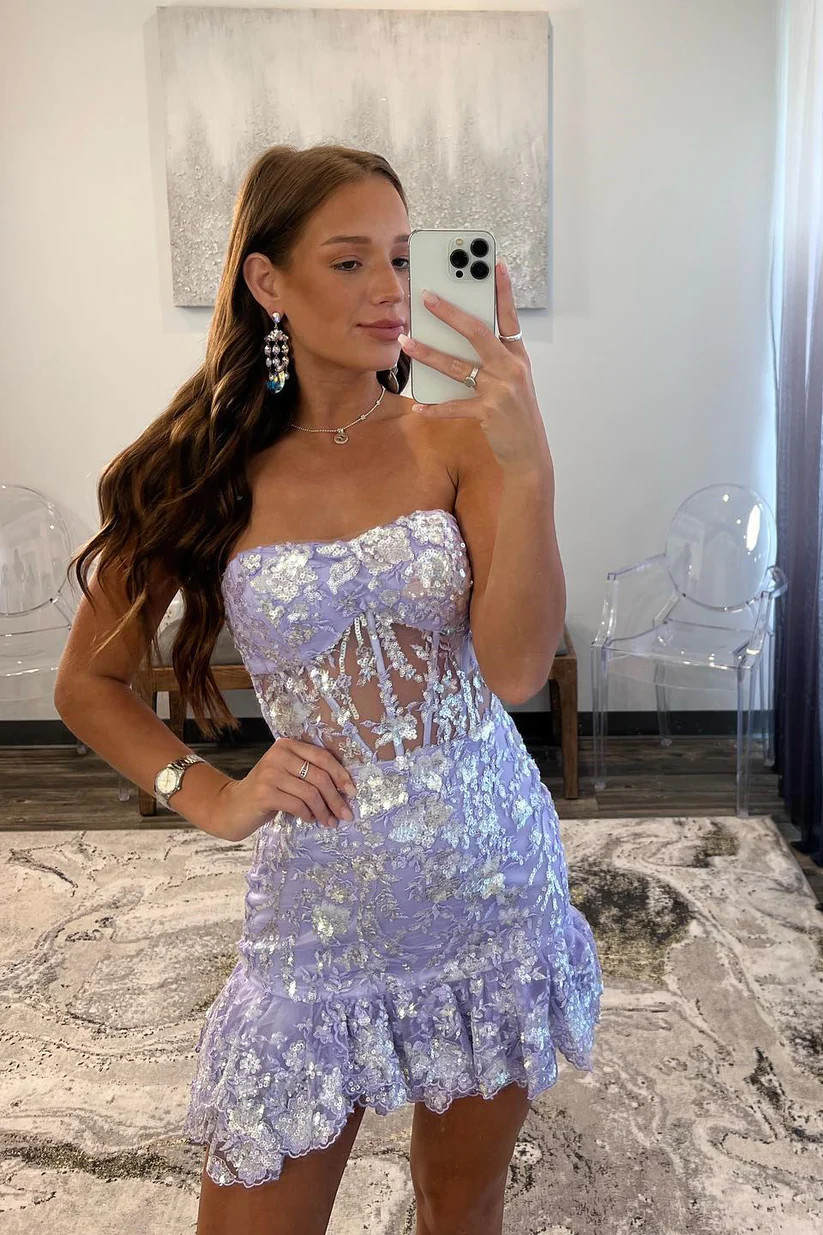 Robe de soirée bustier à sequins lavande et volants, DP2330
