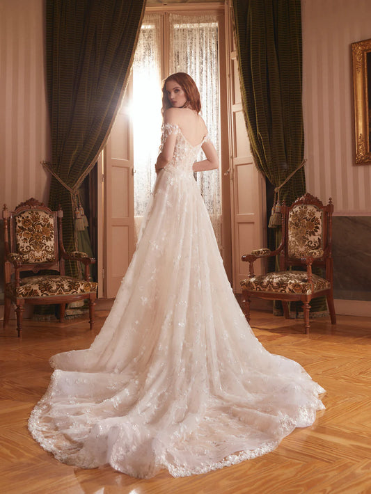 Superbe robe de mariée trapèze en dentelle ivoire avec appliques, épaules dénudées, robe de bal, robe de soirée DP6571