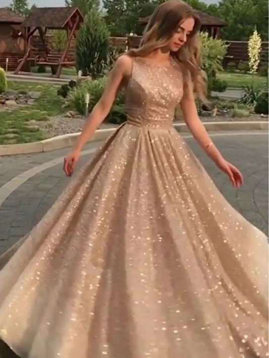 Robe de soirée élégante à paillettes, coupe trapèze, couleur champagne, DP0170