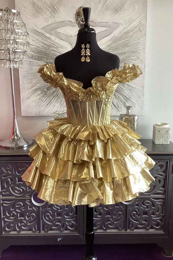 Vintage Golden A-Line Off-the-shoulder Tiered Lace-up Tiered Metallic Homecoming Dress Party Dress Cocktail Dress DP6658
