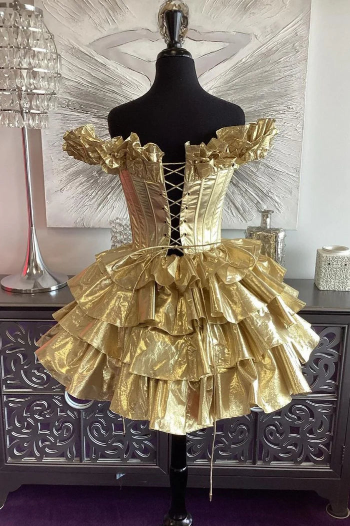 Vintage Golden A-Line Off-the-shoulder Tiered Lace-up Tiered Metallic Homecoming Dress Party Dress Cocktail Dress DP6658