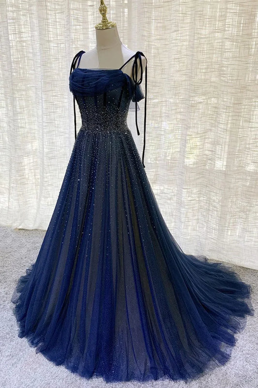 Robe de soirée vintage bleu marine à bretelles spaghetti et paillettes brillantes, coupe trapèze, en mousseline de soie et tulle, robe de bal DP6134