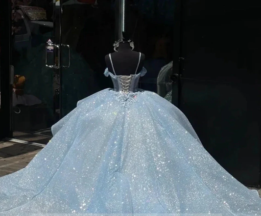 Himmelblaues Spitzenapplikationen Prinzessin Ballkleid Geburtstagsfeier Quinceanera Kleid, DP2670