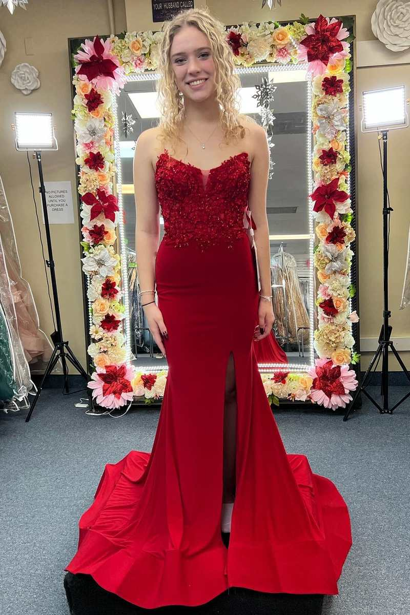 Robe de bal longue rouge en dentelle florale 3D, sans bretelles, style sirène, DP052
