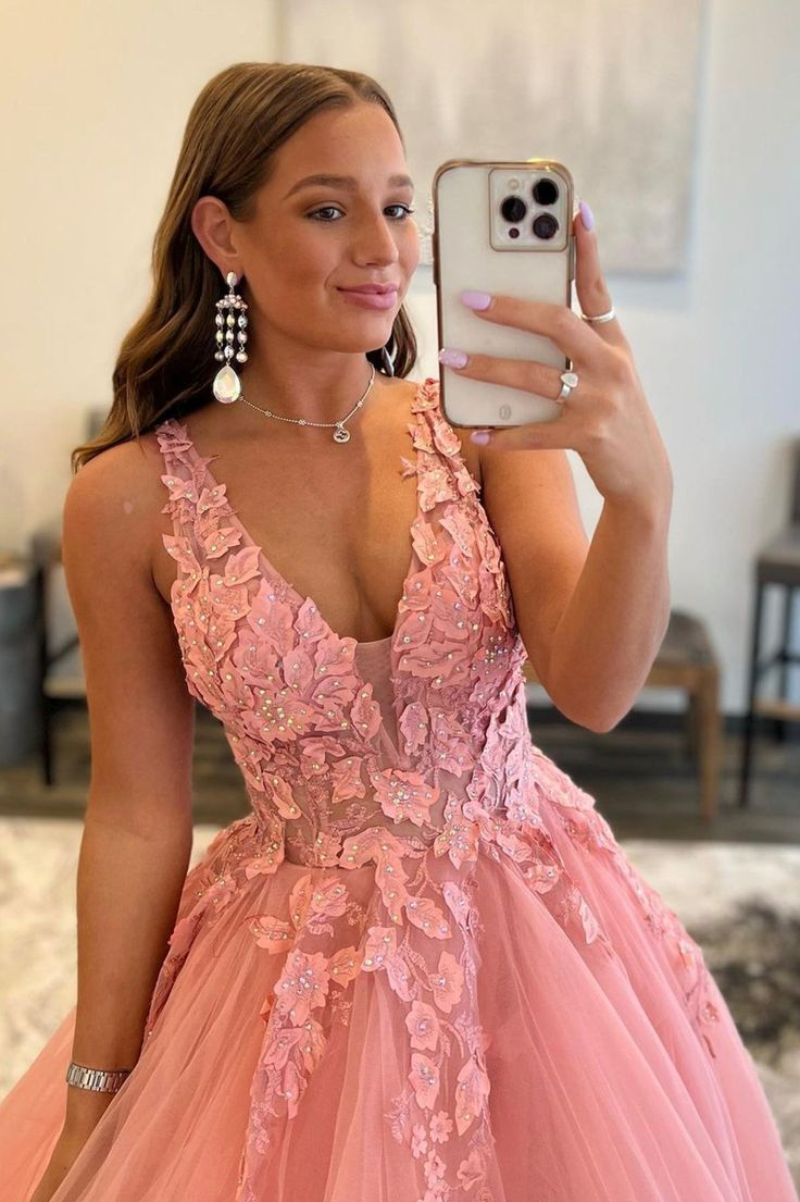 Pink V-Neck Lace Long Prom Dress A-Line Graduation Dress,DP0121