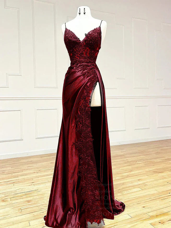 Vintage Applique V-neck Spaghetti Strap Satin Floor-length High Slit Prom Dress Evening Dress DP6329