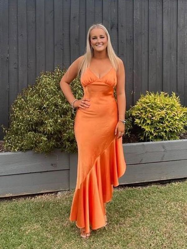 Orange Spaghettiträger Rüschen Langes Partykleid,DP1853