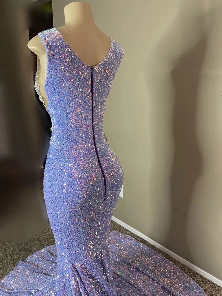 Lila Ballkleid Meerjungfrau Pailletten Applikationen Schwarzes Abendkleid für Mädchen, DP2388