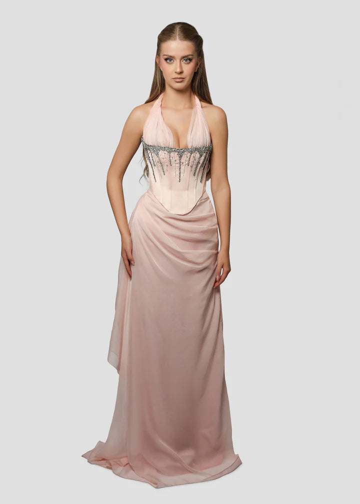 Vintage Pink Glänzendes Neckholder-Abendkleid mit Perlen, DP6530
