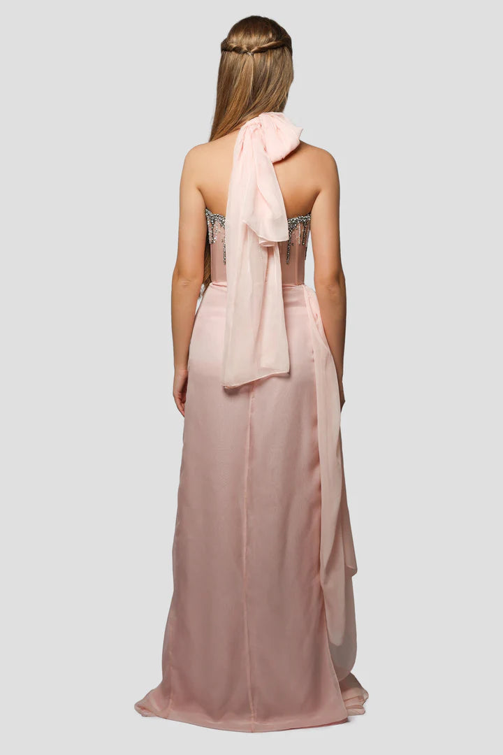 Vintage Pink Glänzendes Neckholder-Abendkleid mit Perlen, DP6530