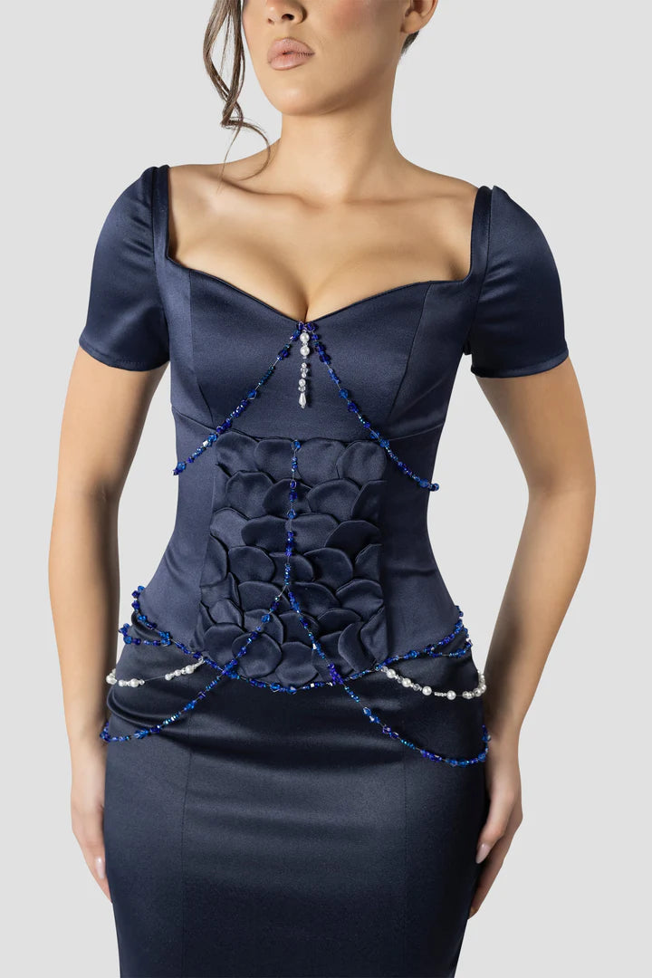 Vintage Dark Blue Mermaid Design Valentine Couture Satin Short-sleeved Prom Dress Evening Dress DP6235