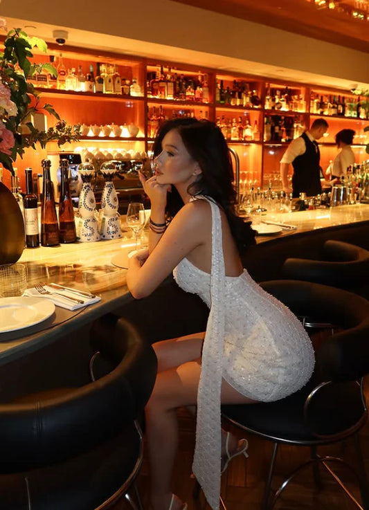 Vintage Glänzende Pailletten V-Ausschnitt Kurzes Etuikleid Partykleid Cocktailkleid Homecomingkleid DP6488