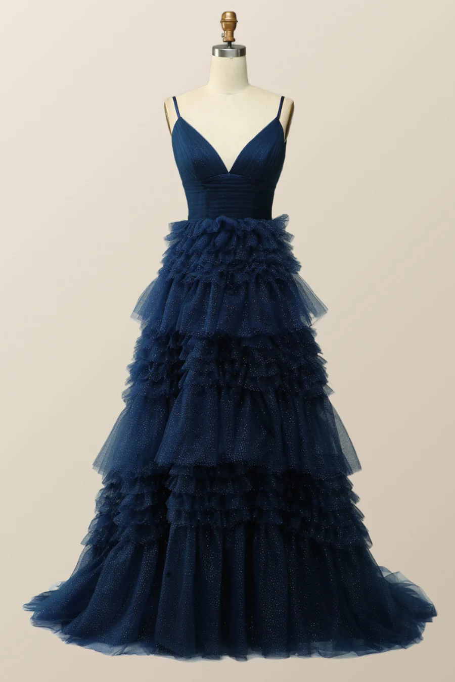 Robe de soirée longue bleu marine à volants et coupe trapèze, DP1812