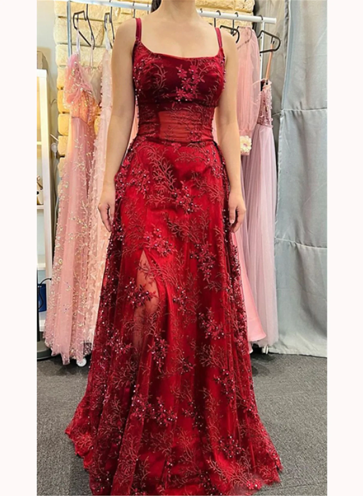 Robe de soirée longue trapèze rouge vin à bretelles spaghetti, DP2496