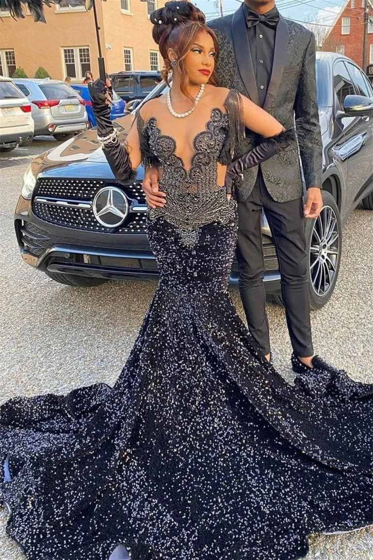 Schwarzes langes Ballkleid mit Pailletten und Perlen im Meerjungfrau-Stil für schwarze Mädchen, DP2656