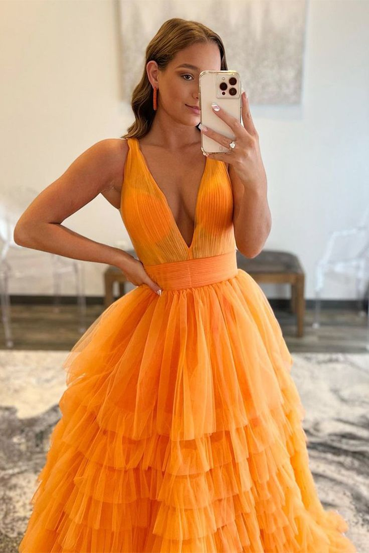 Robe de bal sexy orange trapèze dos nu à volants, DP0138