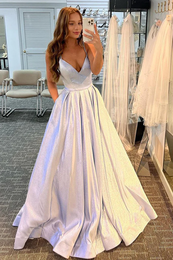 Silber Glitzer V-Ausschnitt Spaghettiträger Langes Ballkleid,DP063