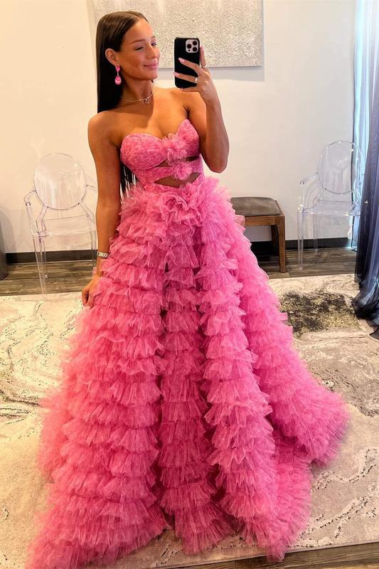 Strapless Hot Pink Keyhole Print Ruffle Tiered Prom Dress,DP0134