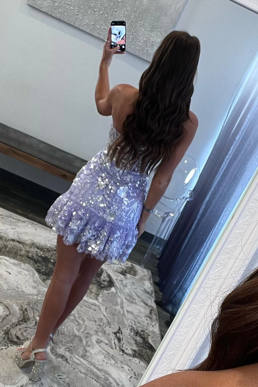 Robe de soirée bustier à sequins lavande et volants, DP2330
