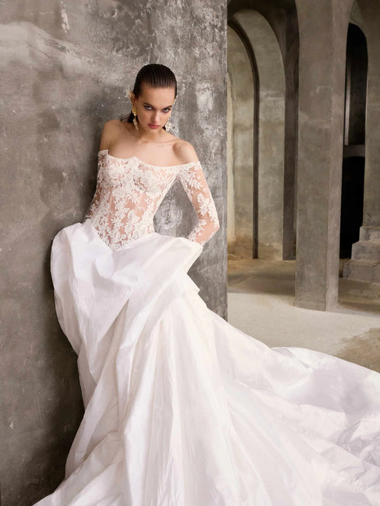 Superbe robe de mariée trapèze en dentelle, épaules dénudées, manches longues, robe de bal, robe de soirée DP6569