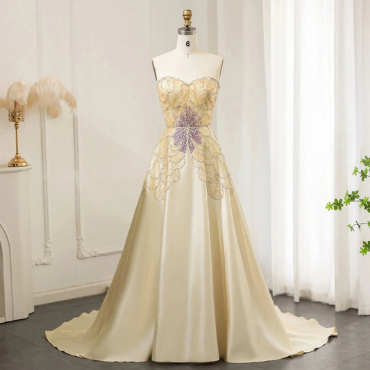 Elegant Ivory Beaded Prom Dress A-Line Evening Gown Satin Party Dress Long Formal Dress DP6739