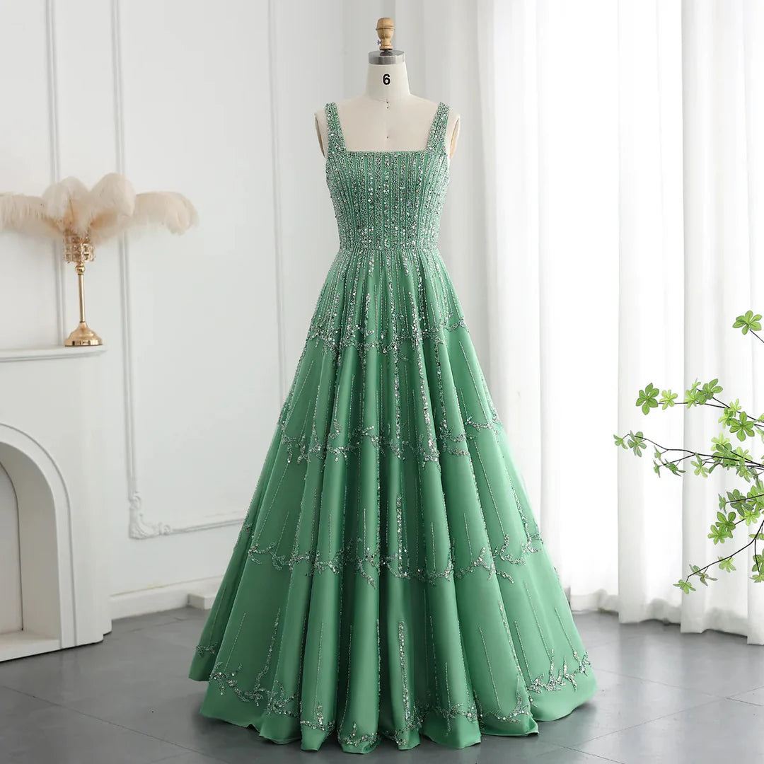 Wunderschönes, grünes, glänzendes, perlenbesetztes A-Linien-Ballkleid mit Spaghettiträgern, DP6540