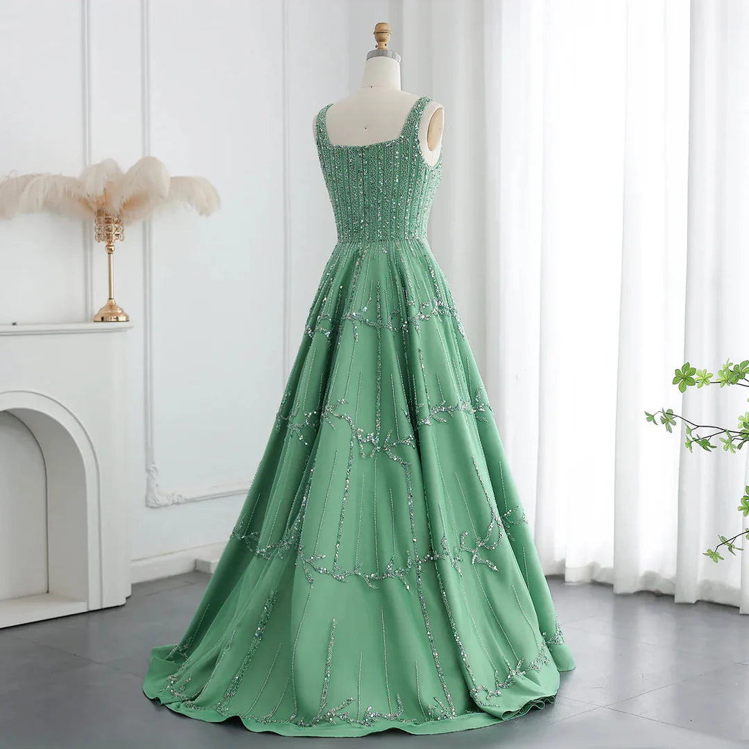 Wunderschönes, grünes, glänzendes, perlenbesetztes A-Linien-Ballkleid mit Spaghettiträgern, DP6540
