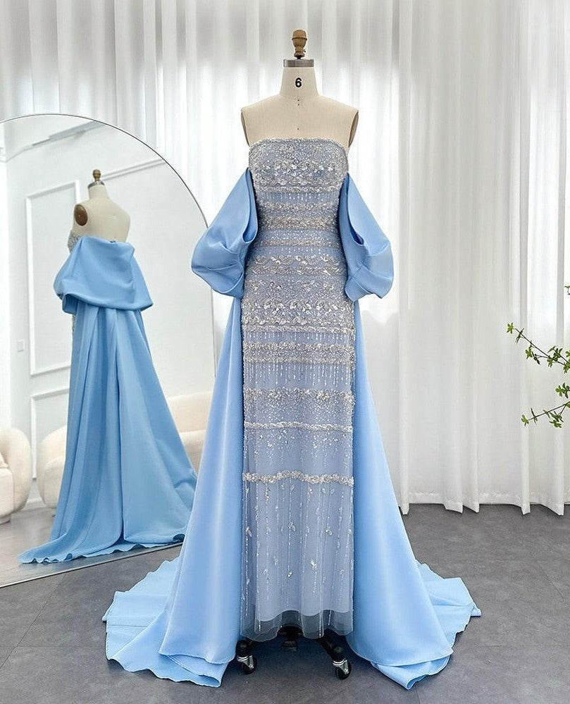 Vintage Glänzendes, perlenbesetztes, trägerloses Etuikleid im Cape-Design, langes Ballkleid, Abendkleid, DP6535